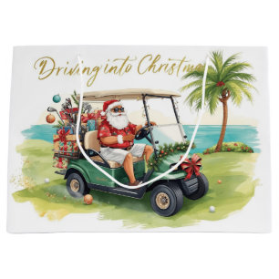 Golf Santa Golfer fährt Weihnachts-Golfwagen Große Geschenktüte