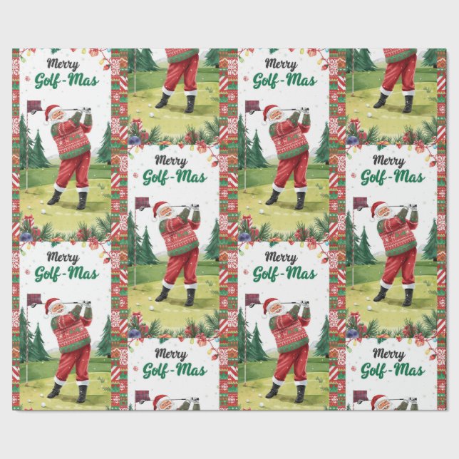 Golf Santa im hässlichen Pullover Golfen Frohes Go Geschenkpapier (Saum)