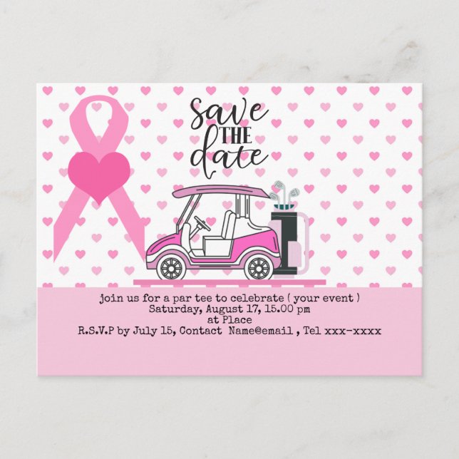 Golf Save the Date Brustkrebs-Bewusstsein pink Postkarte (Vorderseite)