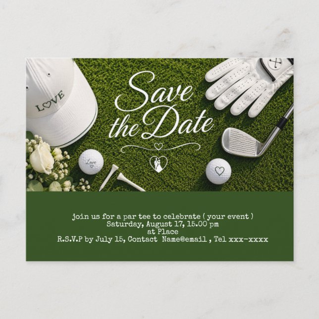 Golf Save-the-Date für die Hochzeit Postkarte (Vorderseite)