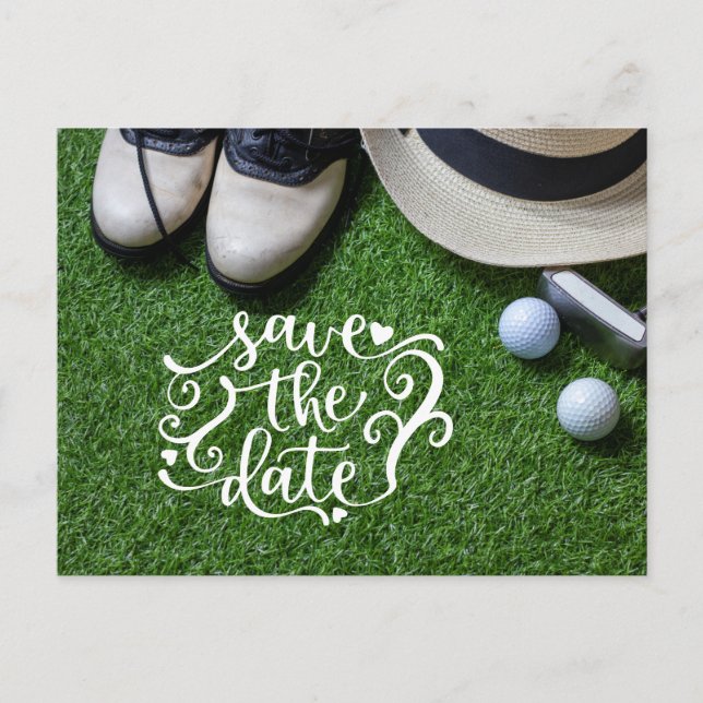 Golf Save the Date für Golfer Party mit Golfball Einladungspostkarte (Vorderseite)