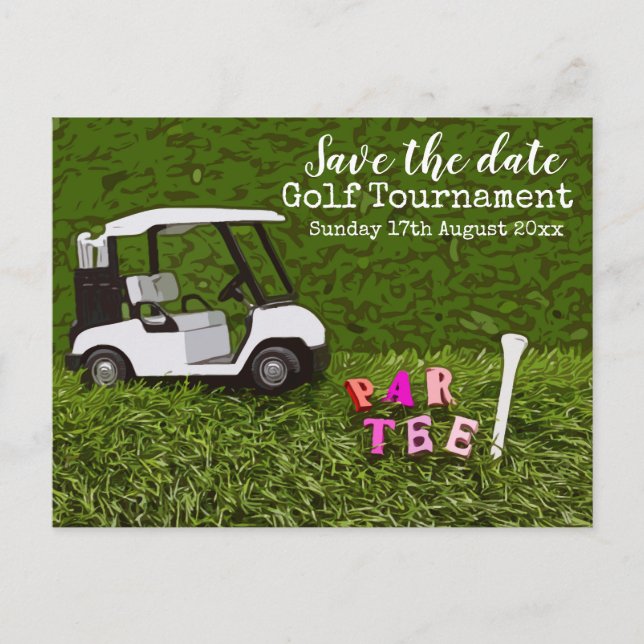 Golf Save the Date für Golfturniere mit Karren Postkarte (Vorderseite)