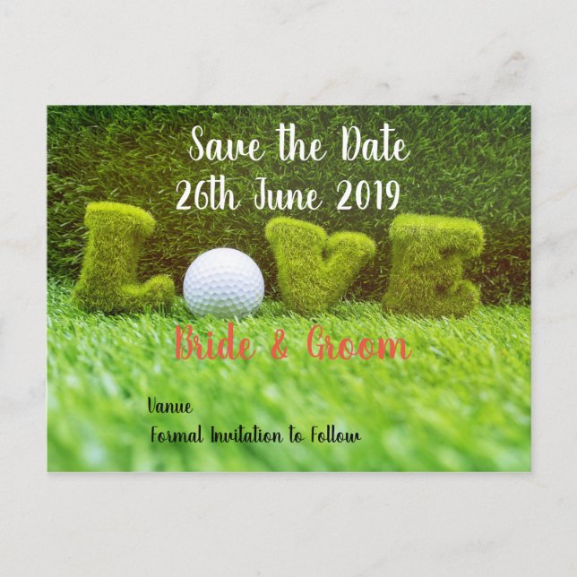 Golf Save the Date für Hochzeiten mit Golfball Einladungspostkarte (Vorderseite)