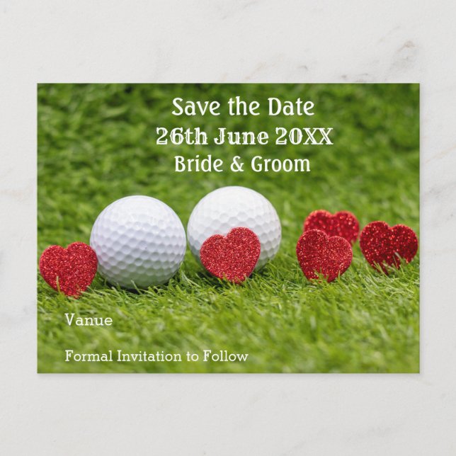Golf Save the Date für Hochzeiten mit rotem Herzen Einladungspostkarte (Vorderseite)