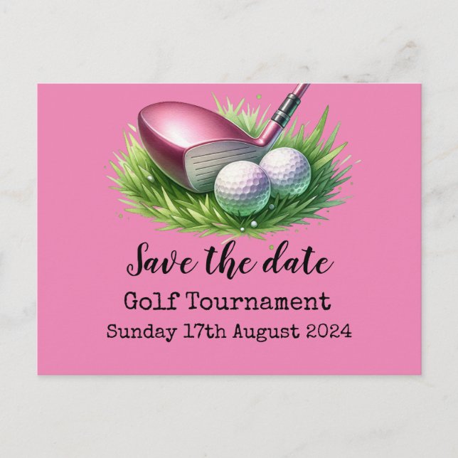 Golf Save the Date Golf Pink zum Thema Ankündigungspostkarte (Vorderseite)