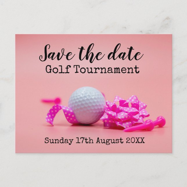 Golf Save the Date Golf Turnier mit rosa Thema Ankündigungspostkarte (Vorderseite)