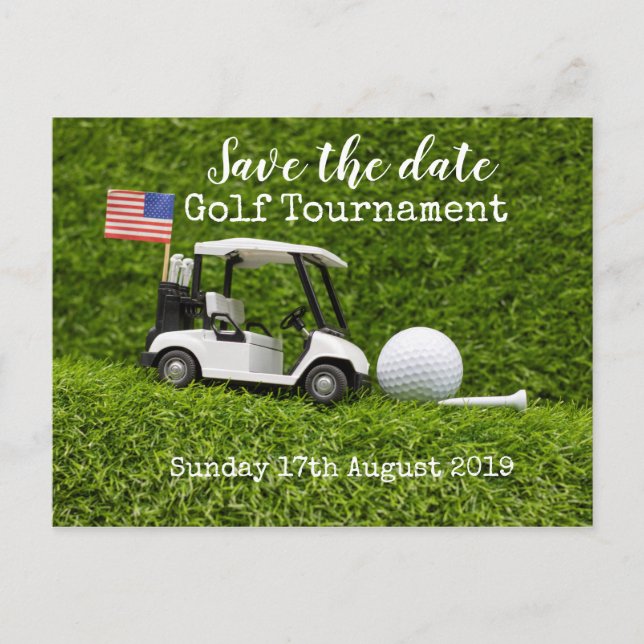 Golf Save the Date Golf Turnier mit U.S.A.Flag Ankündigungspostkarte (Vorderseite)