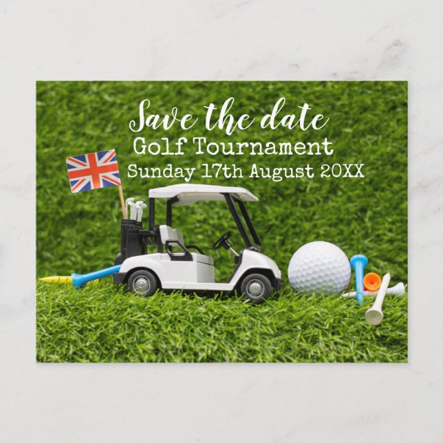 Golf Save the Date Golf Turnier Union Jack Flag Ankündigungspostkarte (Vorderseite)