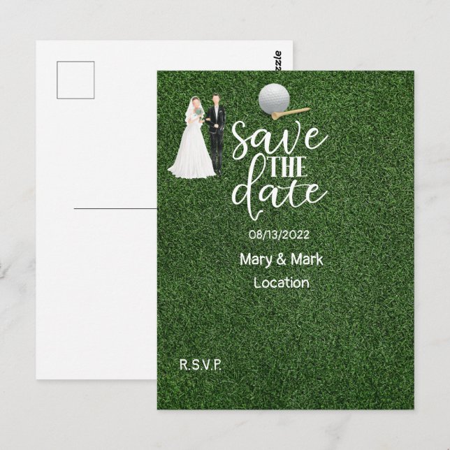 Golf Save the Date Hochzeit Golfer Postkarte (Vorne/Hinten)