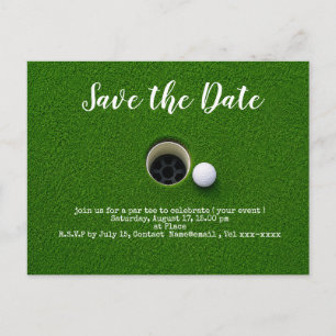 Golf Save-the-Date-Karte mit Golfball neben Hotel Postkarte