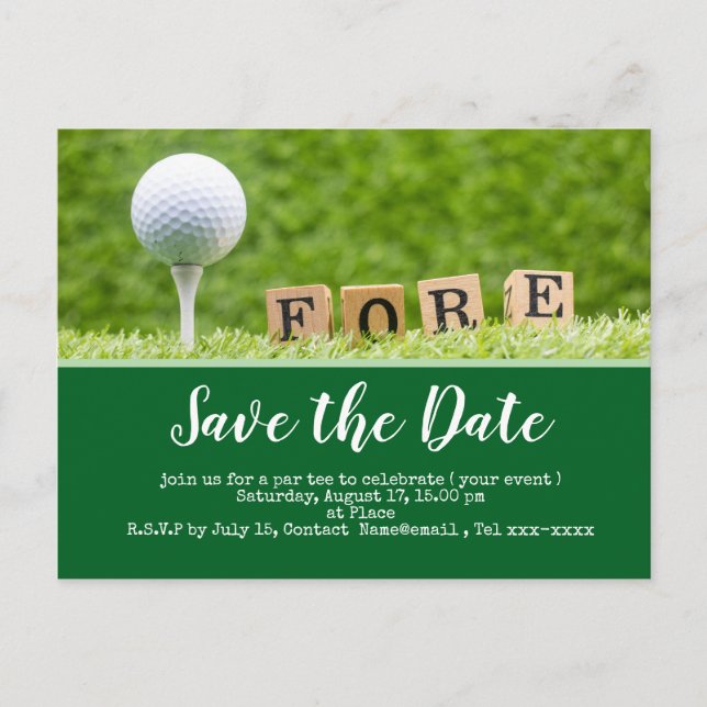 Golf Save the Date mit Golfball auf Abschlag Postkarte (Vorderseite)