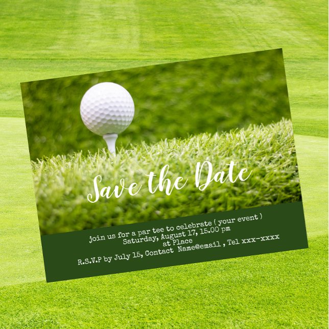 Golf Save the Date mit Golfball auf grünem Rasen Postkarte (Von Creator hochgeladen)