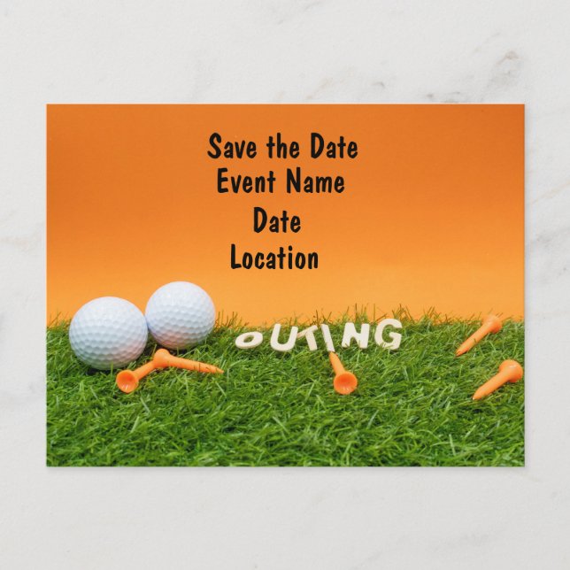 Golf Save the Date mit Golfball auf Orange Postkarte (Vorderseite)