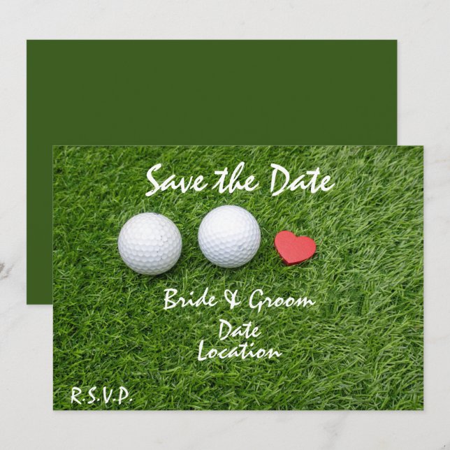 Golf Save the Date mit Golfball in Liebe auf Grün Einladung (Vorne/Hinten)