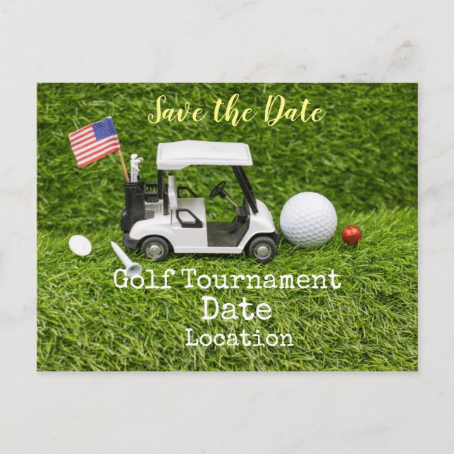 Golf Save the Date mit Golfball und amerikanischer Postkarte (Vorderseite)