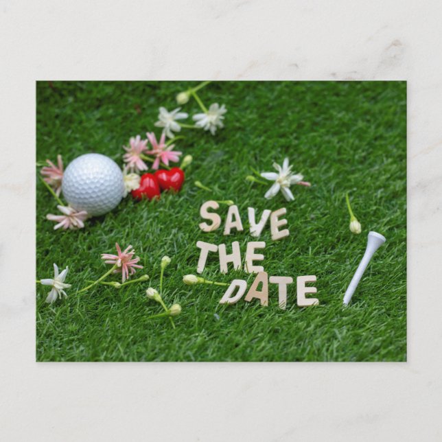Golf Save the Date mit Golfball und Blume Postkarte (Vorderseite)