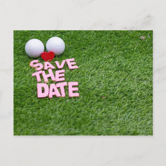 Golf Save the Date mit Golfball und Herz Einladungspostkarte (Vorderseite)