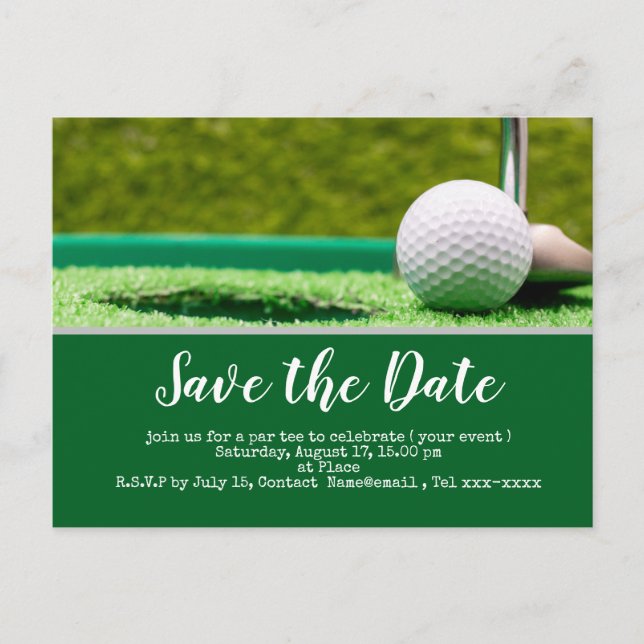 Golf Save the Date mit Golfball und Putter Postkarte (Vorderseite)