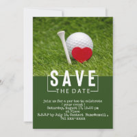 Golf Save the Date mit Golfball und rotem Herzen