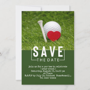 Golf Save the Date mit Golfball und rotem Herzen Einladung