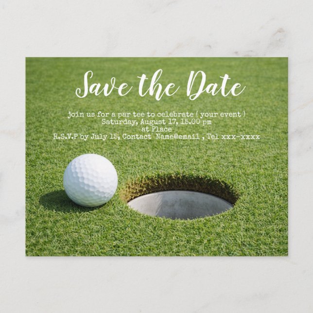 Golf Save the Date mit Golfball und Sandwedge Postkarte (Vorderseite)