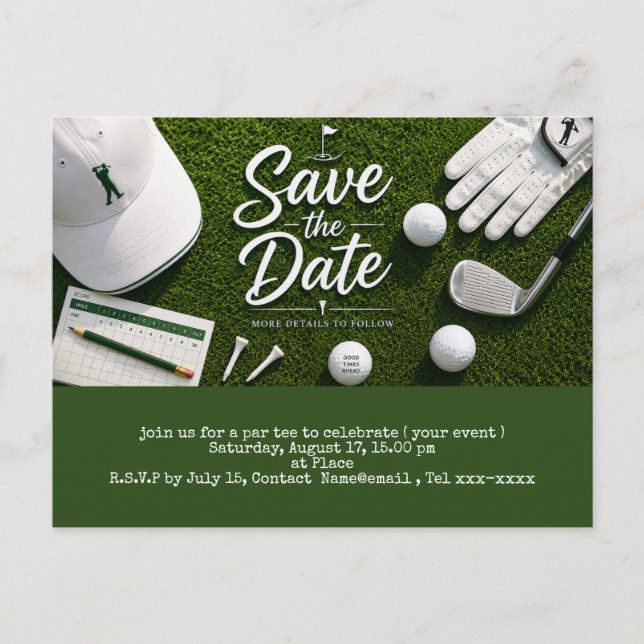 Golf Save the Date mit Golfball und Sandwedge Postkarte (Vorderseite)