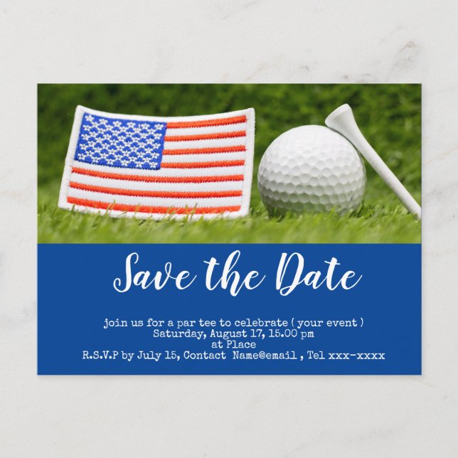 Golf Save the Date mit Golfball und US-Flagge Postkarte (Vorderseite)