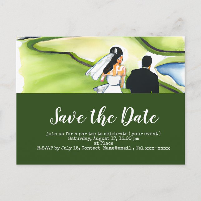 Golf Save the Date mit Golfer Braut und Bräutigam Postkarte (Vorderseite)