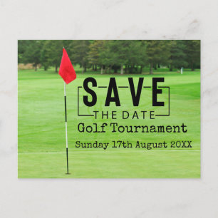 Golf Save the Date mit Golfflagge auf grün Ankündigungspostkarte