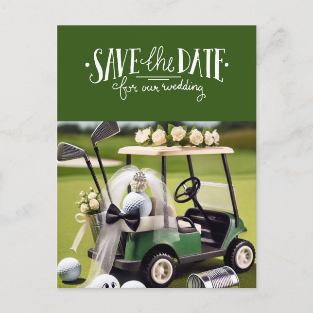 Golf Save the Date mit Golfwagen auf Grün Postkarte (Vorderseite)