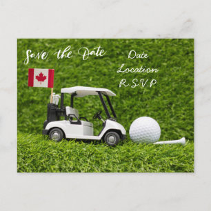 Golf Save the Date mit Golfwagen Flagge Kanadas Postkarte