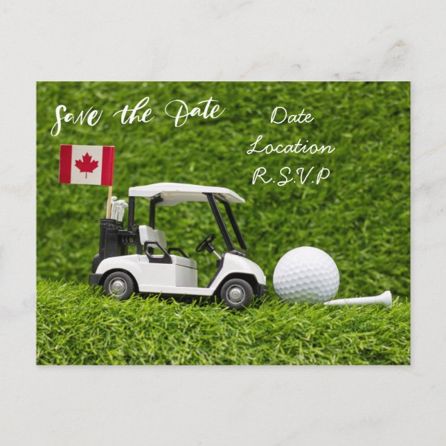 Golf Save the Date mit Golfwagen Flagge Kanadas Postkarte (Vorderseite)