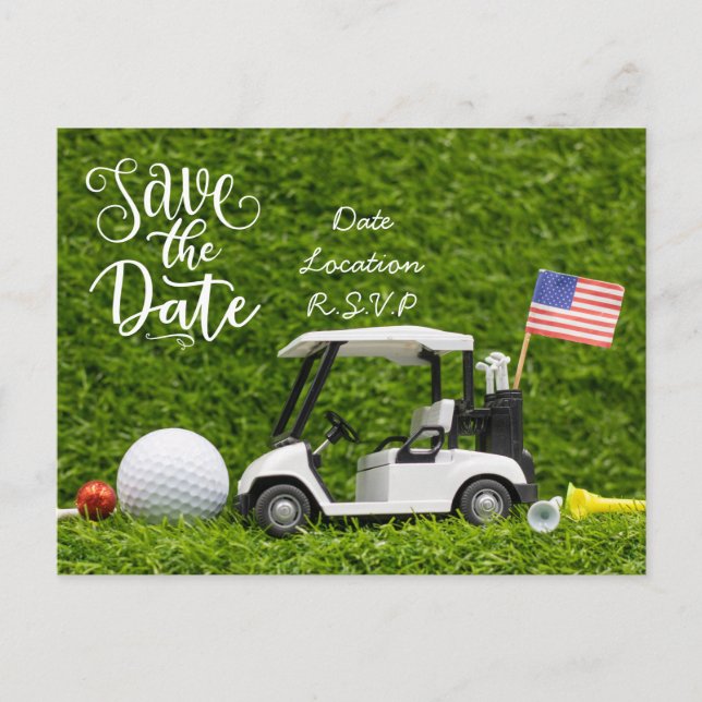 Golf Save the Date mit Golfwagen und Flagge der US Postkarte (Vorderseite)