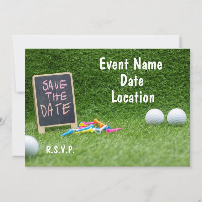 Golf Save the Date mit Schild und Golfball und Tee Einladung (Vorderseite)