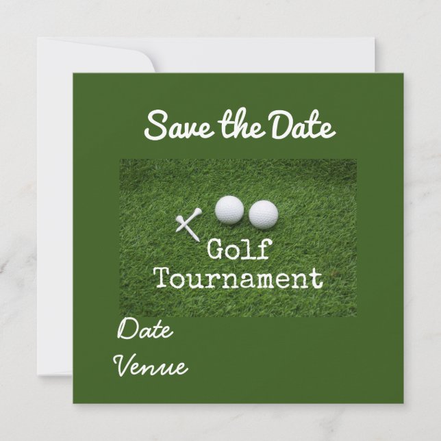 Golf Save the Date mit weißem Button und Golfball Ankündigung (Vorderseite)