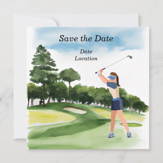 Golf Save the Date Party Golferin Einladung (Vorderseite)
