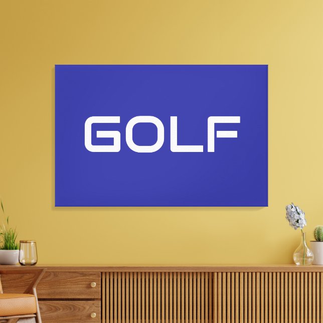GOLF Sleek Sporty Modern White Text On Deep Blue Leinwanddruck (Insitu (Wohnzimmer))