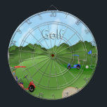Golf spielende Dartscheibe<br><div class="desc">Diese Golf spielende Dartscheibe kennzeichnet einen Golfplatzhintergrund mit einem Sandfang und Golfflagge, ein rotes Golfmobil, ein blaues Golfmobil beide mit Golftaschen. Stilisierter Text ist Golf. Perfektes Geschenk für Golfspieler in Ihrem Leben! Schließt 6 Messingpfeile mit ein (3 Flaggepfeilflüge und 3 BRITISCHE Pfeilflüge). Vorgeschriebenes Größenbrett (18" Durchmesser, 1" dick). Beendet Aluminiumrahmen...</div>