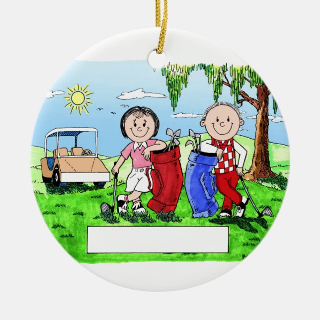 Golf spielende Paare - personalisierter Cartoon Keramikornament (Vorne)