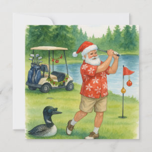 Golf spielender Weihnachtsmann am See Feiertagskarte