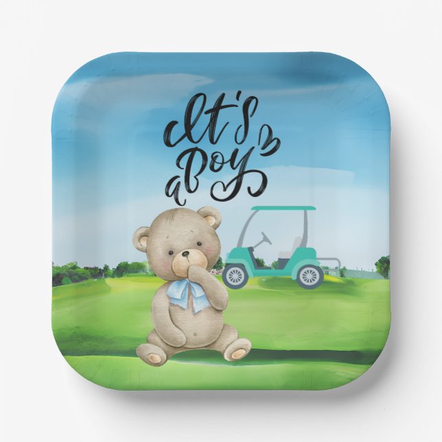 Golf Teddy Bear It's Boy for Baby Shower Pappteller (Vorderseite)