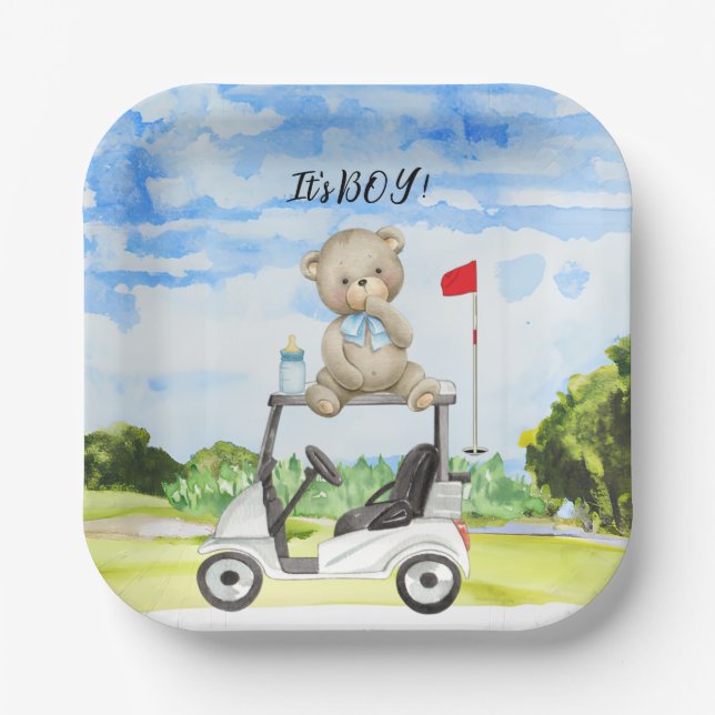 Golf Teddy Bear It's Boy for Baby Shower Pappteller (Vorderseite)