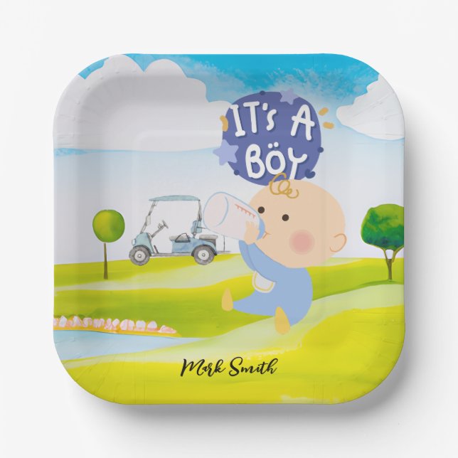 Golf Teddy Bear It's Boy for Baby Shower Pappteller (Vorderseite)