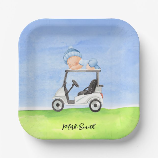 Golf Teddy Bear It's Boy for Baby Shower Pappteller (Vorderseite)