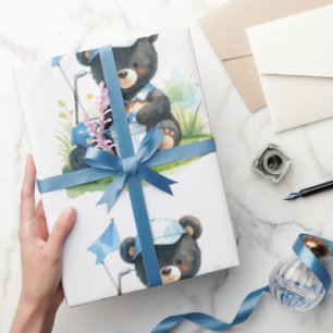 Golf-Teddybär mit Golfwagen auf Grün Geschenkpapier