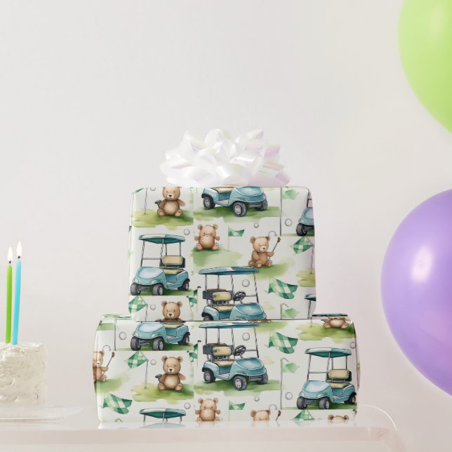 Golf-Teddybär mit Golfwagen auf Grün Geschenkpapier (Partygeschenke)