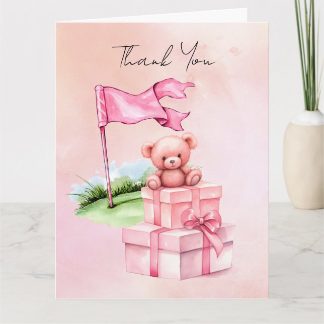 Golf-Teddybär mit rosa Geschenkbox auf Grün  Dankeskarte (Vorderseite)