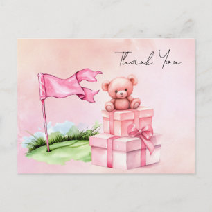 Golf-Teddybär mit rosa Geschenkschachtel auf Grün Postkarte