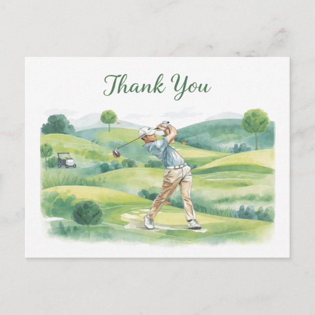 Golf Thank You Card with Golfer Swinging on Green  Postkarte (Vorderseite)