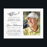 Golf Theme 50. ÜBERRASCHUNG Geburtstagsparty Foto Einladungspostkarte<br><div class="desc">Eleganter Schwarz-Weiß Geburtstag Einladung für einen Golfer. Die Spitze der Einladung ist mit Golf-Accessoires dekoriert - ein Golfclub, Golf-Ball, Hut und Handschuhe. Das Aquarelldesign schafft eine traditionelle und klassische Ästhetik. Ideal für einen Geburtstagsbash im Club oder eine GRILLEN im Hinterhof. Der gesamte Text ist leicht zu bearbeiten. Erstellen Sie die...</div>